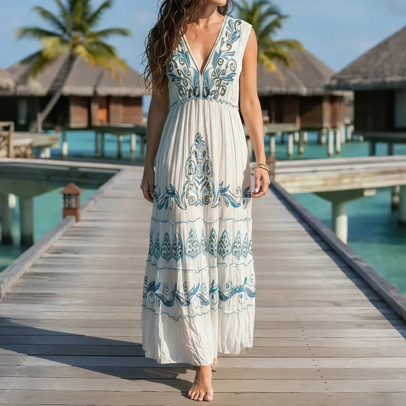 Vintage Boho Ethnic Floral Patterns Maxi Dress
