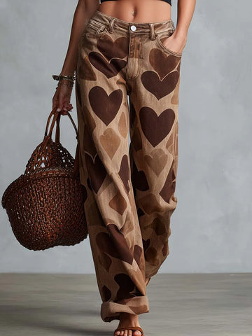 Retro Casual Heart Pattern Versatile Light Brown Denim Pants