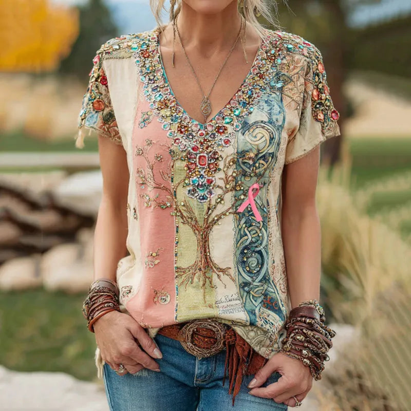 Women's Floral Patchwork Breast Cancer Ribbon T-shirt