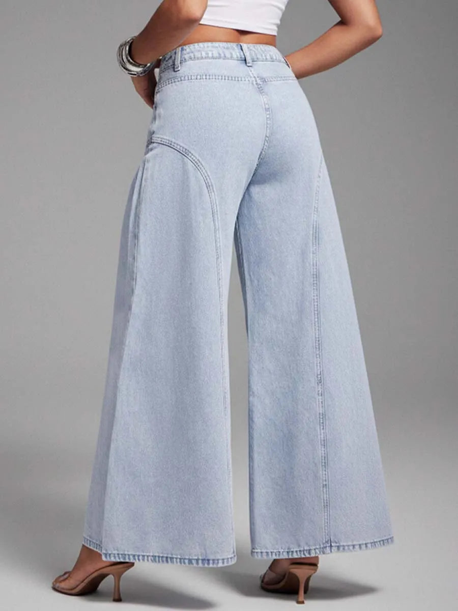 Women's High Waist Pocketed Pleated Wide Leg Loose Casual Denim Pants