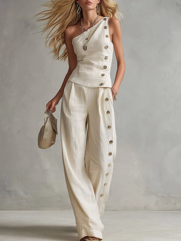 Urban Minimalist Off-White One-Shoulder Button-Detail Top & Wide-Leg Linen Trousers Set