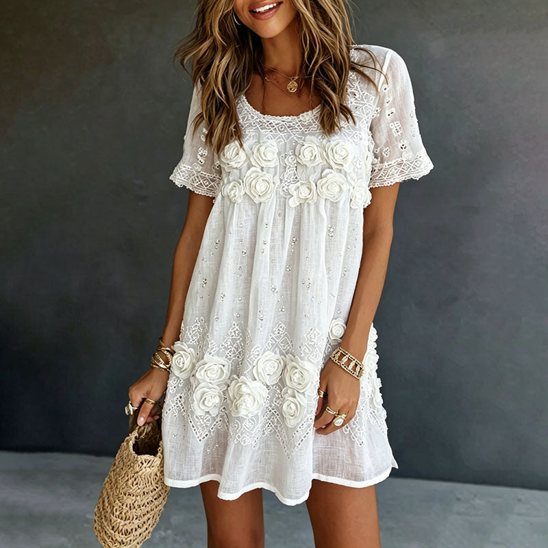 Women's Rose Art Embroidered Linen Blend Round Neck Mini Dress
