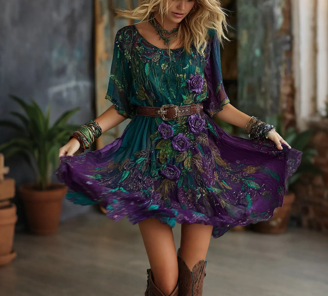 Women's Purple Floral Art Embroidered Linen Blend Round Neck Mini Dress