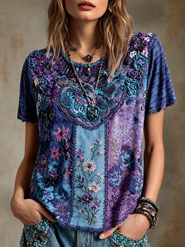 Women's Retro Bohemian Floral Print T-shirt