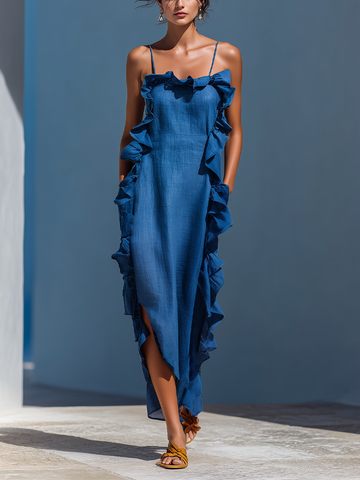 Women’s Blue Linen-Blend Spaghetti Strap Ruffle Trim Maxi Dress With Slit MDZ2407D1T