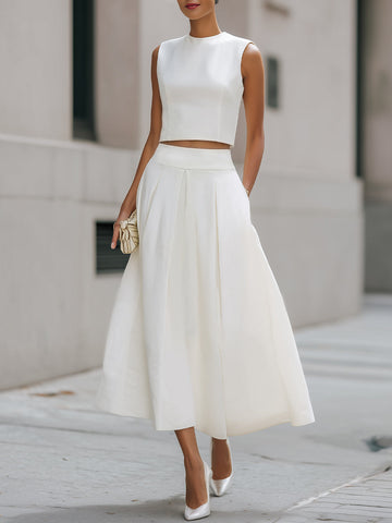 Sleeveless Cropped Top And Pleated Midi Skirt Set