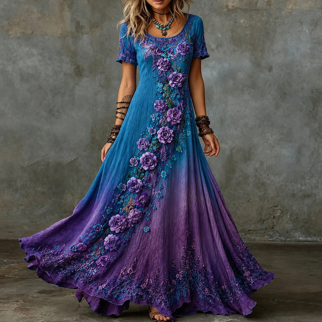 Women's Vintage Rose Floral Art Linen Blend V Neck Maxi Dress
