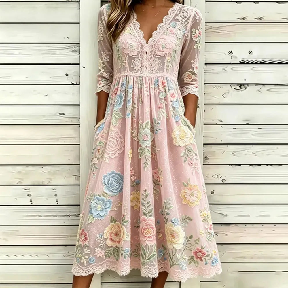 Vintage Small Floral Lace Embroidery Art Comfortable Cotton Linen Casual Long Sleeve Dress