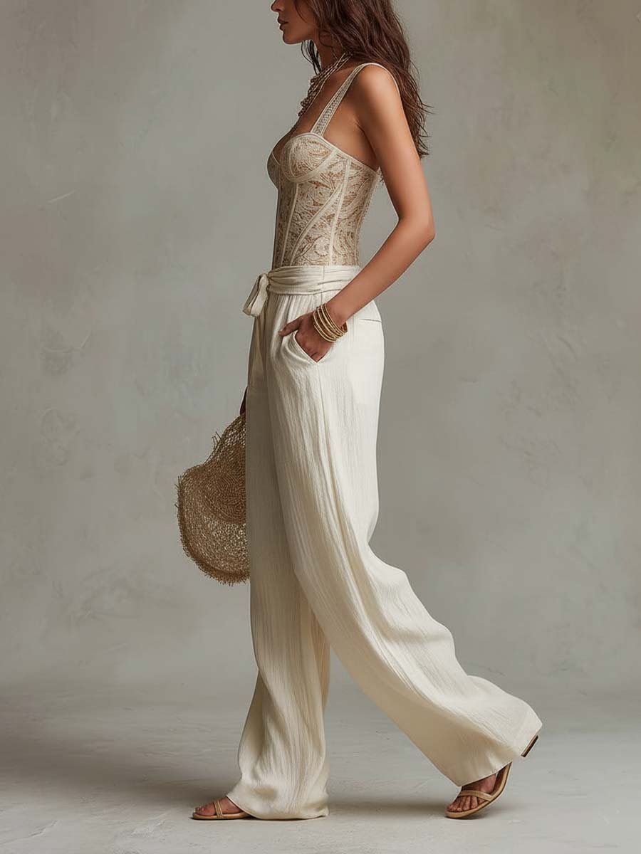 Bohemian Lace Bodycon Vest And Cotton Wide-Leg Pants Two-Piece Set
