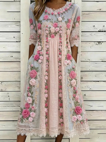 Women's Vintage Floral Embroidered Art Round Neck Midi Dress
