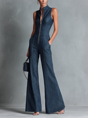 Women's Retro Style Dark Blue Denim Sleeveless High-Neck Flared Jumpsuit With Front Zipper MDZ1239B2BA