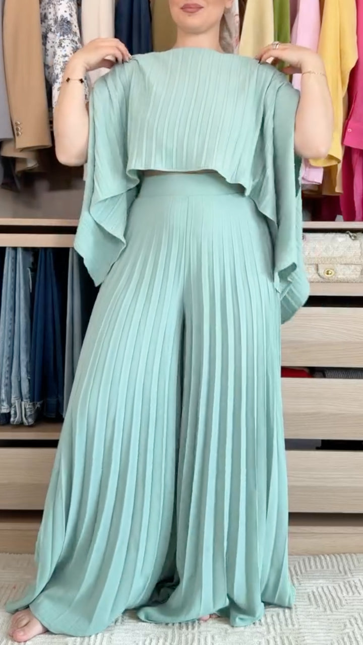 Pleated Cape Sleeve Top Wide Leg Pants Set