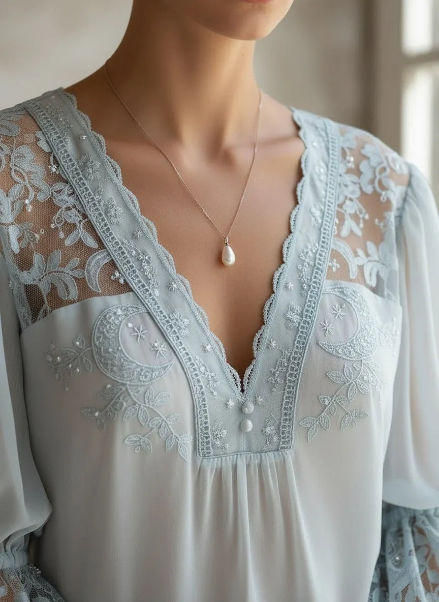 Elegant Powder Blue Lace & Chiffon Blouse with Bell Sleeves