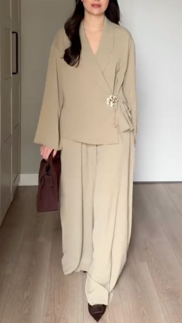 Wrap Blouse with Wide Leg Pants Set