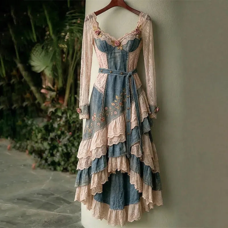 Women's Vintage Spring Flowers Embroidery Patchwork V Neck Irregular Ruffle Midi Dress