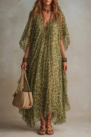 Stylish Loose-fit Leopard Print Chiffon Maxi Dress