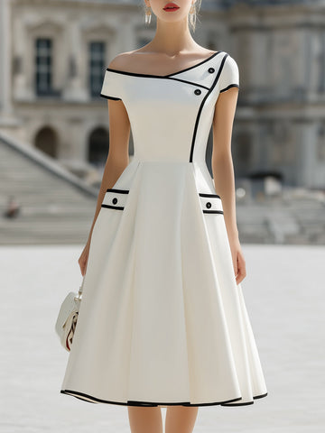 Contrast Trim Off-Shoulder Structured A-Line Dress
