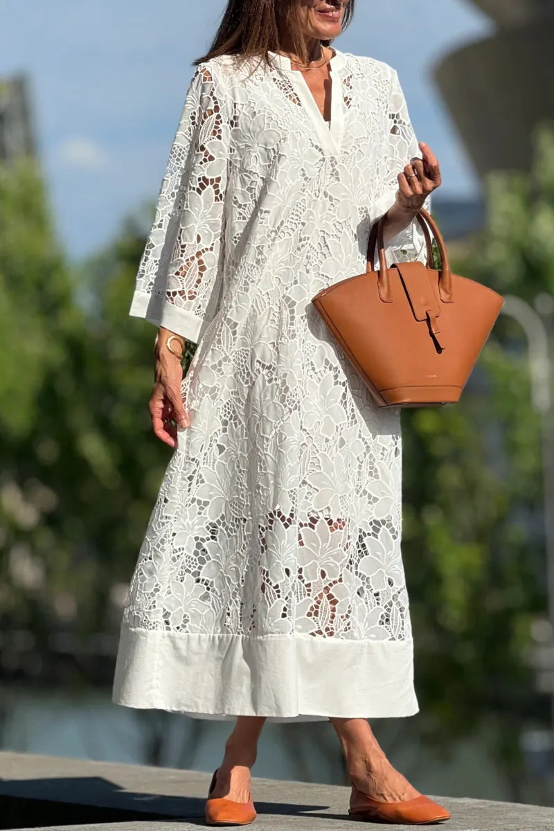 Floral Lace V-Neck Kaftan Midi Dress