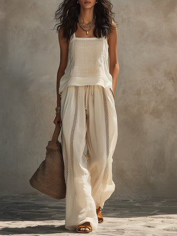 Boho Slub Linen Sleeveless Blouse & Lace-Trimmed Wide-Leg Pants Set
