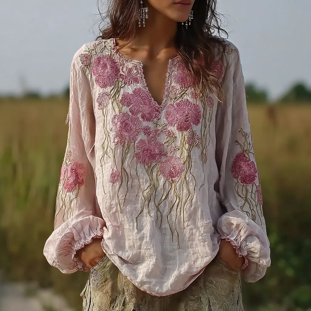 Bohemian Retro Countryside Style Plant Flower Design Cotton And Linen Women's Long-sleeve Shirt