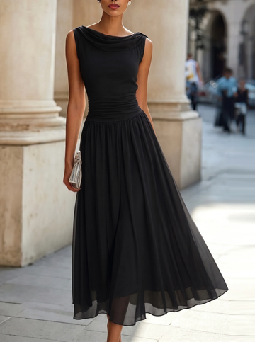 Draped Neck Sleeveless Pleated Midi Dress