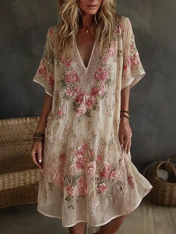 Women's Vintage Floral Lace Art Embroidery V Neck Short Sleeve Midi Dress