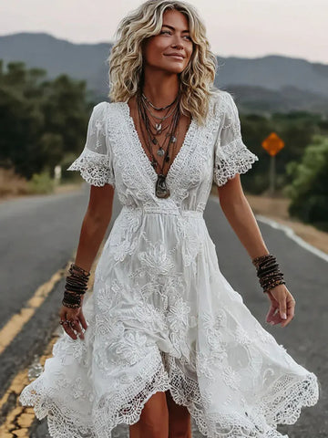 Women's Vintage Floral Lace Art Embroidery V Neck Short Sleeve Midi Dress