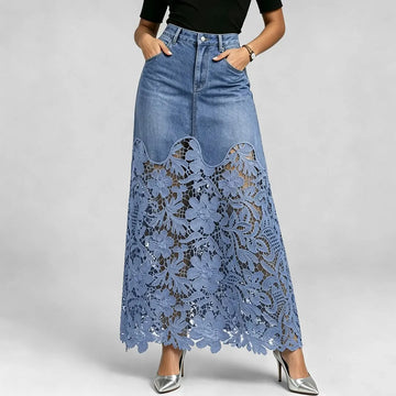 Blue Denim & Lace Maxi Skirt