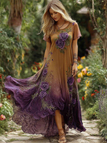 Women's Purple Floral Embroidery Gradient Casual Round Neck Dress
