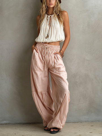Women's Casual White Woven Sleeveless Round-neck Top Paired With Pink Woven Trousers MDZ1268F0LXY