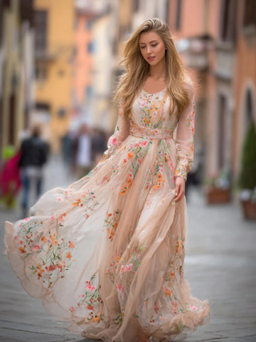 Women's Floral Art Comfort Linen Long-sleeved Dress