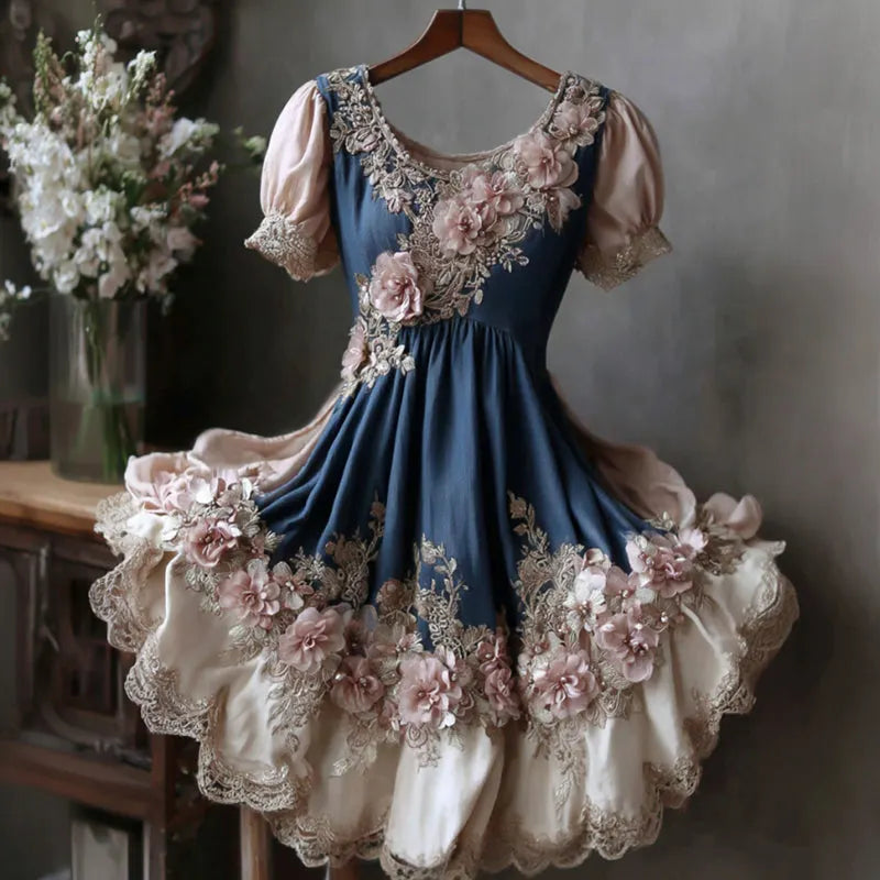 Women's Vintage Floral Embroidery Color Block Short-sleeve Long Dress