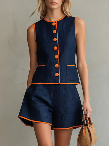 Casual Retro Color-blocked Blue Sleeveless Button-down Top And Shorts Set