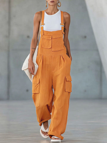 Orange Cotton-linen Multi-pocket Wide-leg Overalls
