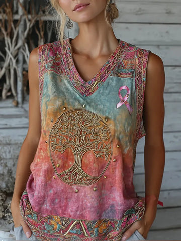 Women's Vintage Cancer Awareness Ribbon And Tree Of Life Gradient V Neck Art Linen Sleeveless Tank Top