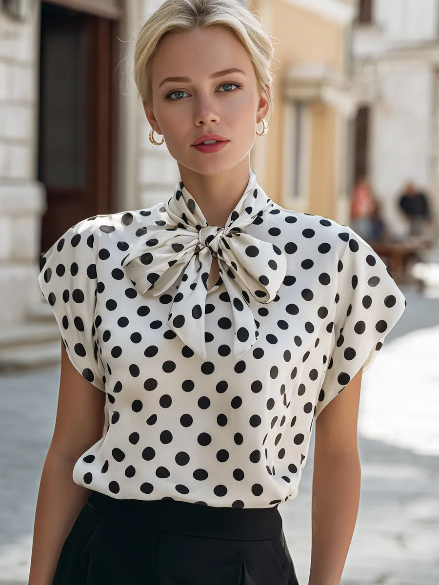 Satin Polka Dot Bow Tie Neck Short Sleeve Blouse