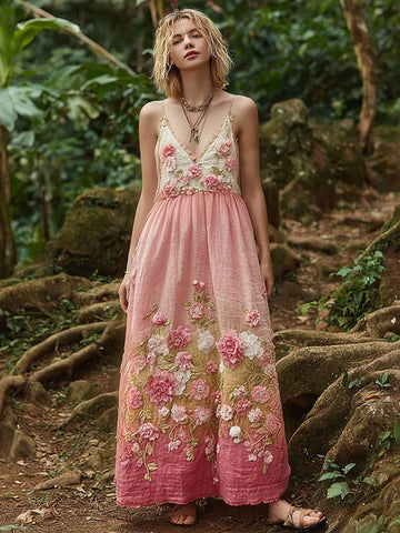 Pink Flowers Embroidered Vintage Linen Suspender Long Skirt