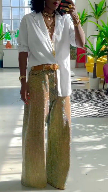 White Shirt Gold Rhinestone Wide Leg Pants Set