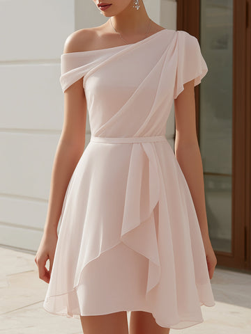 One-Shoulder Draped Chiffon A-Line Mini Dress