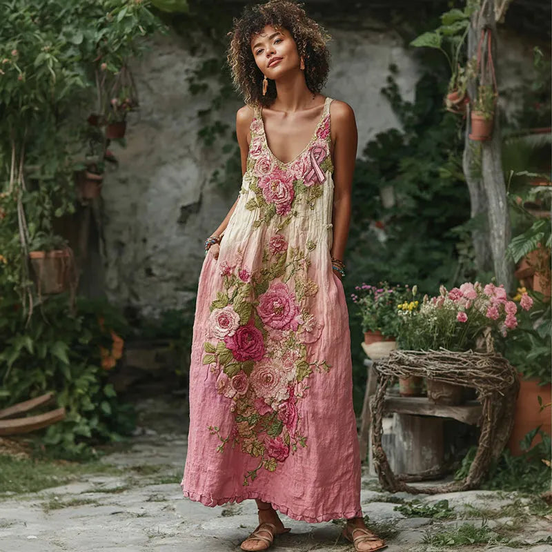 Vintage Pink Flowers Embroidered Linen Maxi Dress