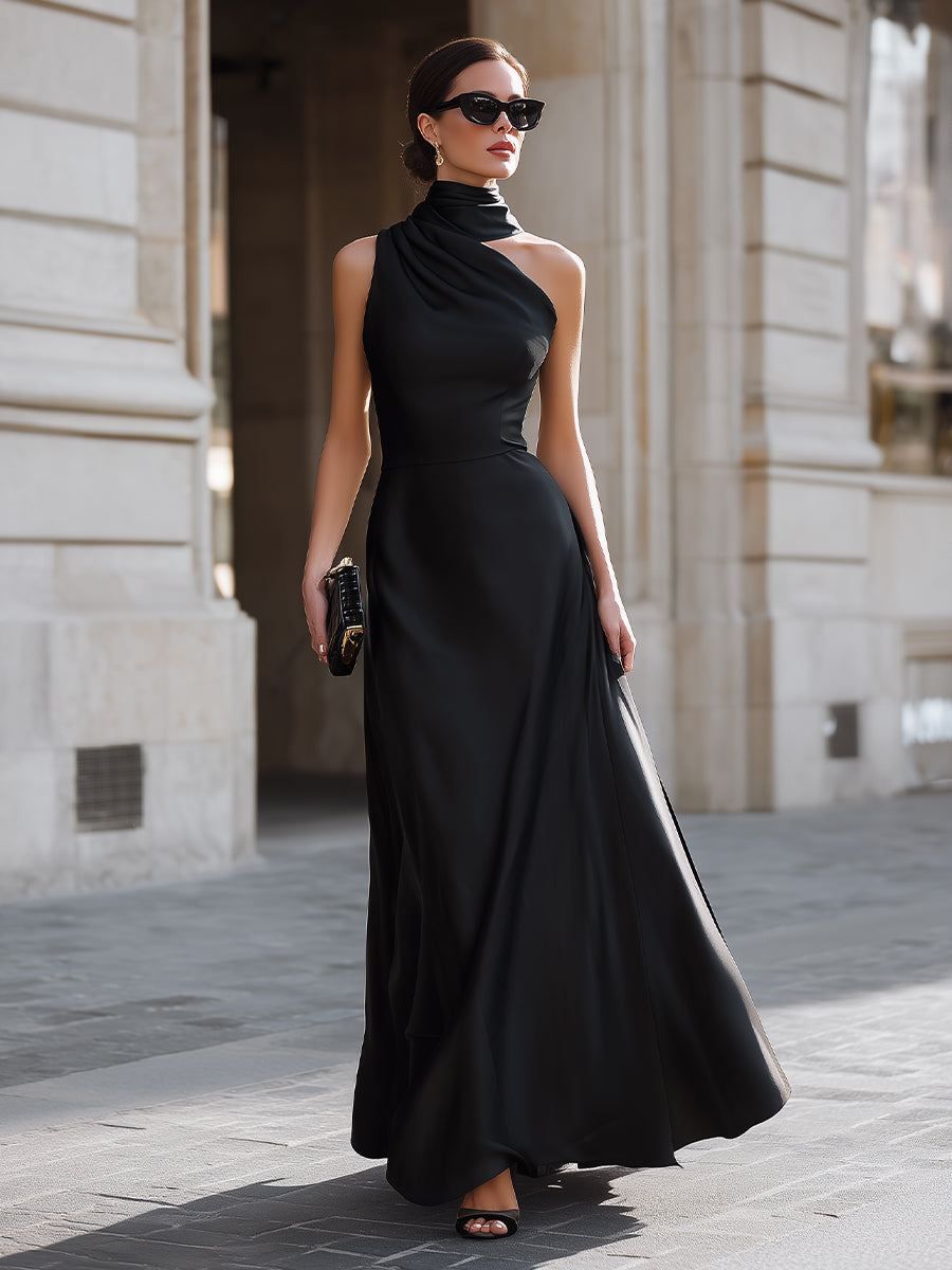 One-Shoulder Draped High-Neck Maxi Dress