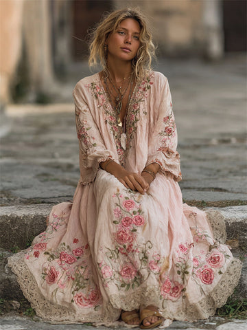 Vintage Pink Roses Vines Embroidered Linen Maxi Dress
