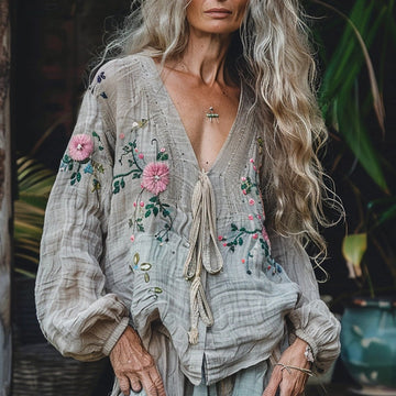 Women's Linen Bohemian V-neck Long-sleeved Shirt