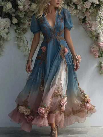 Women's Pink Rose Embroidery Art Gradient V-neck Short Sleeve Maxi Dress
