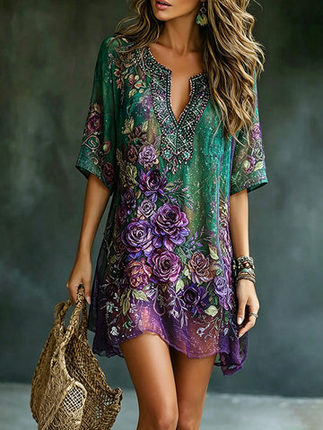 Women's Vintage Romantic Floral Art Linen Blend Mini Dress