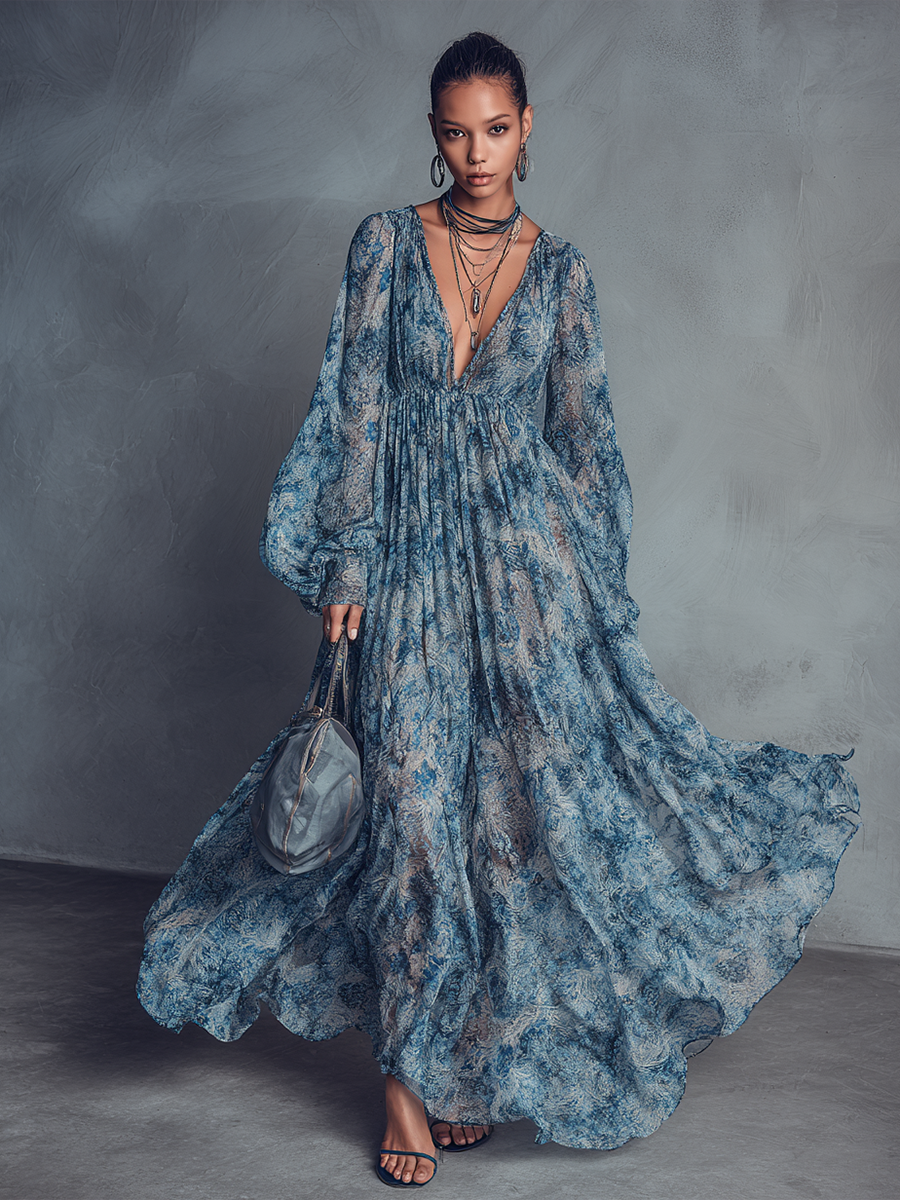 Women's Bohemian Style Blue Floral Print V-Neck Lantern Sleeve Chiffon Maxi Dress MDZ1067B8BA