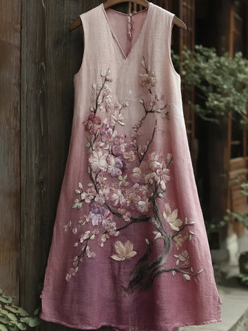 Women's Plum Blossom Embroidery Art V Neck Comfy Midi Dress