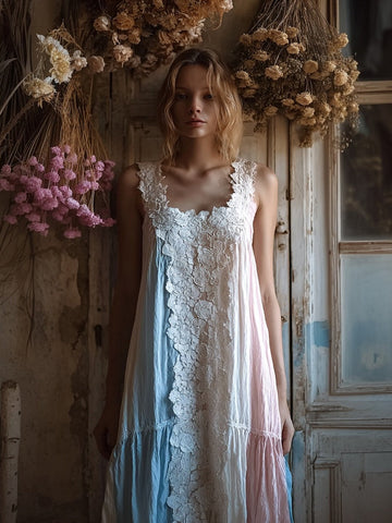 Trans Flag Color Inspired Lace Floral Linen Maxi Dress