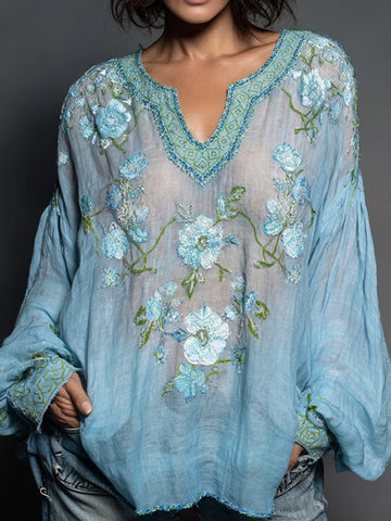 Women's Retro Floral Embroidered Art Print Flowy Linen Blend Casual Tunic