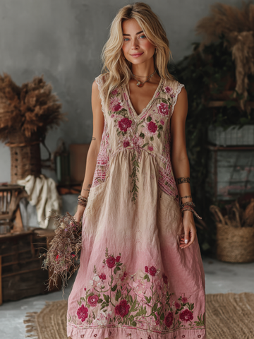 Classy Gradient Pink Roses Embroidered Linen Maxi Dress